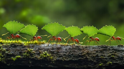 Ants carrying leaves on a branch in forest. Wildlife stock image for education