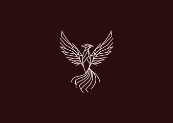 A stylized phoenix logo in fine line art, depicting rising wings and rebirth energy, combining symmetry and flow for a creative modern vector illustration concept