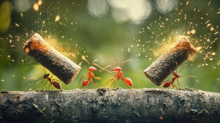 Four red ants carrying logs on a branch with a green blurred forest background