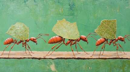 Three ants carry leaves on green textured background. Use nature art