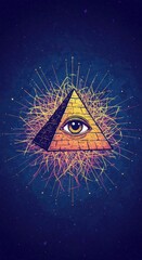 Mystical eye resides above a glowing, radiant pyramid structure against a dark celestial background