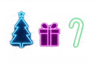 Neon christmas tree, gift box, and candy cane icons glowing vibrant colors on transparent background