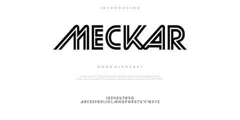 Meckar Modern minimal abstract alphabet fonts. Typography technology, electronic, movie, digital, music, future, logo creative font. vector illustration