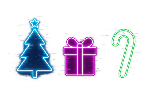 Neon christmas tree, gift box, and candy cane icons glowing vibrant colors on transparent background