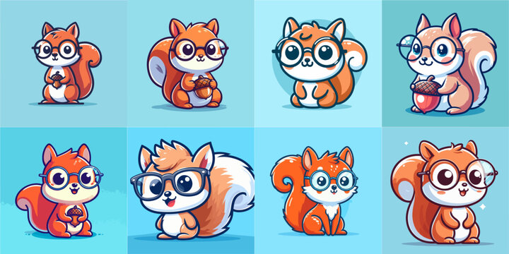 vector illustration set of cartoon squirrels wearing glasses on a blue background