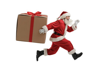 santa claus running with christmas gift isolated on black