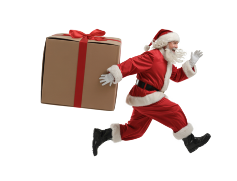 santa claus running with christmas gift isolated on black