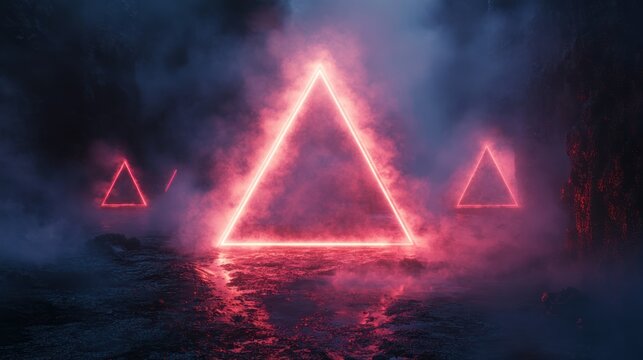 Neon triangle in a dark foggy landscape.  Possible use Stock photo for posters, album covers, or social media graphics