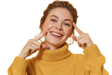 smiling woman poking cheeks, isolated on white background.