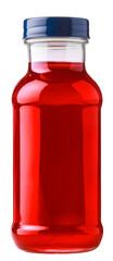 red liquid in glass bottle with blue lid.