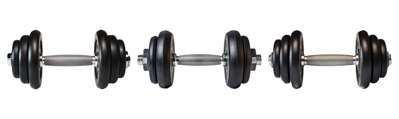 black dumbbells set isolated on white background.