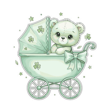 Teddy Bear Green Clipart SVG  whimsical, ultra-detailed watercolor illustration of an adorable baby teddy bear in soft green hues, sitting inside a mint-green watercolor baby carriage decorated 