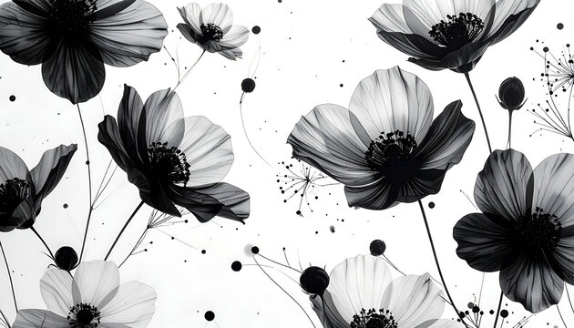 White background with a unique black flower pattern, composed of abstract shapes and artistic design - Powered by Adobe