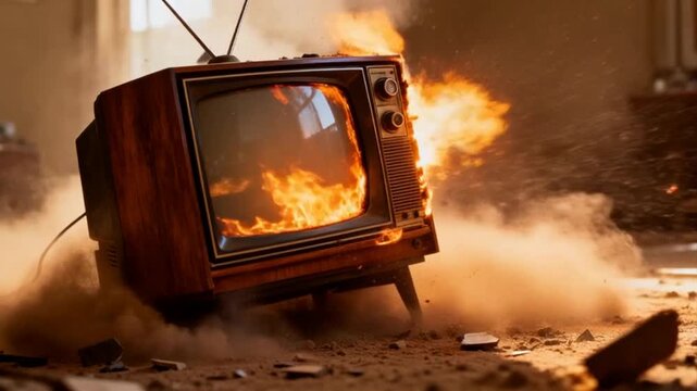 An old fashioned TV erupts in flames and shatters among swirling dust and debris, delivering an intense and cinematic explosion scene