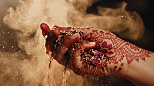 Woman With Henna Tattoo Holding Sand and Petals, Slow Motion