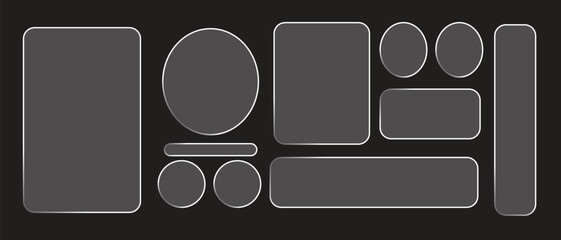 Gold glass button interface, light frame banner set, glass panel set for mobile and web app, tech board frame in futuristic style. Light png banner collection with glow effect, vector illustration. 
