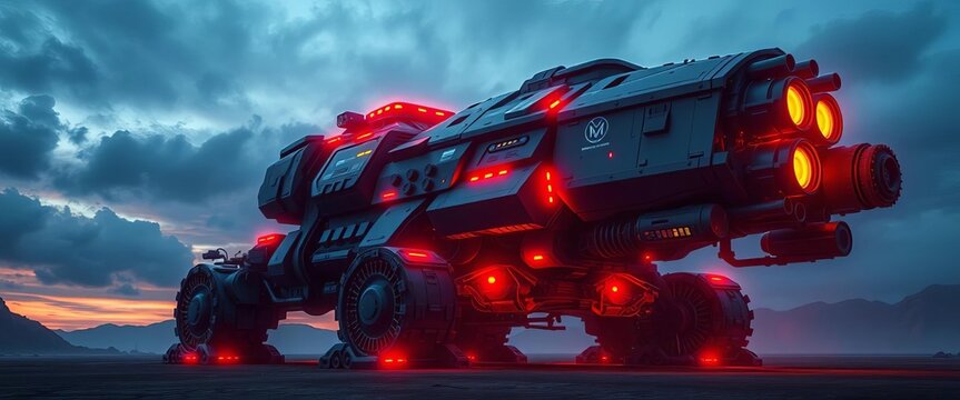 Gigantic mechanized war machine, futuristic design,  conflict,  massive