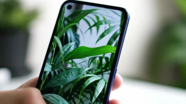 Hand holding smartphone showing green plant screen, blurred background of plants, for wallpaper or social media