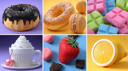 Colorful collage of 3D rendered sweets and fruits, vibrant and playful, for food and dessert concepts