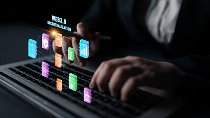 The Web 3.0 decentralization technology ecosystem. A flowchart of interconnected concepts like AI, blockchain, security, and decentralized finance. Motif