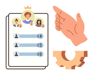 Leaderboard with ranked profiles, hand pointing gesture, and partial gear icon. Ideal for leadership, ranking, teamwork, competition, motivation organization success. Simple flat metaphor
