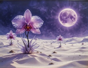 purple orchid on the sand at night