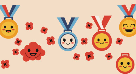 Smiling Emoji Medals and Flowers on a Beige Background.