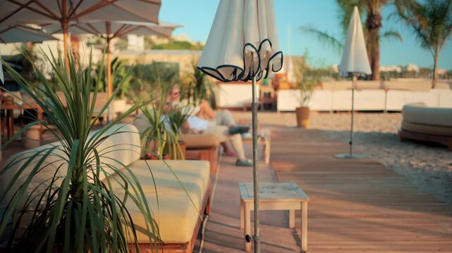 Peaceful morning on a private beach in Cannes, with curved lounge chairs, palm trees, and umbrellas overlooking the calm Mediterranean Sea