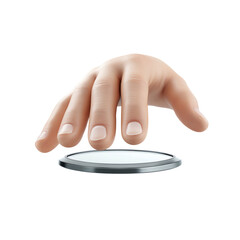 A realistic human hand reaching towards a modern touch interface.