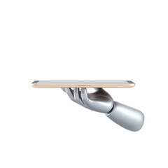 A robotic hand holding a smartphone, showcasing innovative technology and design.