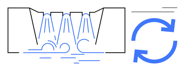 Diagram of water flowing through multiple outlets into a basin with circular arrows symbolizing recycling. Ideal for sustainability, water treatment, conservation, eco-friendly systems, renewable