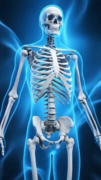 Anatomical 3D Render of Human Skeleton Front View on Blue Haze Background for Medical Education, Orthopedic Study, and Healthcare Visualization with Anatomical Correctness in Bright Environment