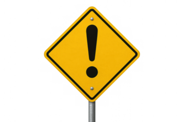 Yellow warning sign with exclamation mark, caution and danger concept, road symbol for security and alert, transparent background