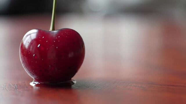 Macro shot of a single cherry with stem on a wooden surface, blurred background. Possible use food blog
