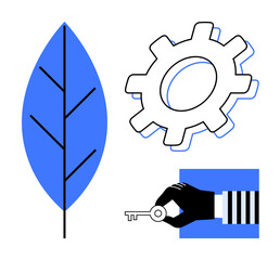 Blue leaf, black-and-white gear, and hand holding a key combine to convey themes of ecology, problem-solving, and access. Ideal for innovation, security, sustainability, technology growth strategy