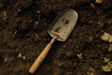 Vintage gardening tool on soil, showcasing agricultural textures