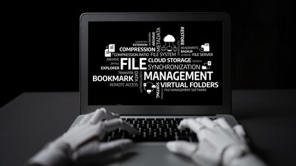 An intriguing representation of file management concepts featuring a laptop and keyword graphics....