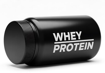Sleek black whey protein supplement container with bold white labeling