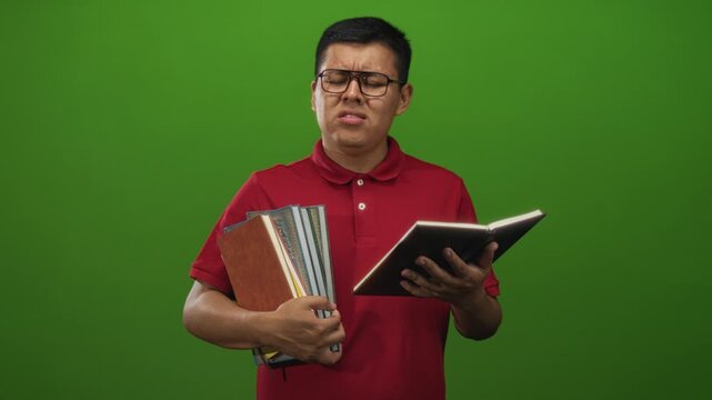 Young hispanic man holding textbooks and squinting while reading a notebook in a studio with green backdrop; study frustration.