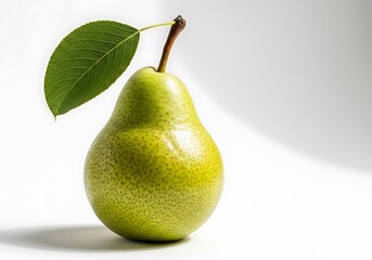 A single ripe green pear with a stem and leaf sits on a white surface with soft shadows