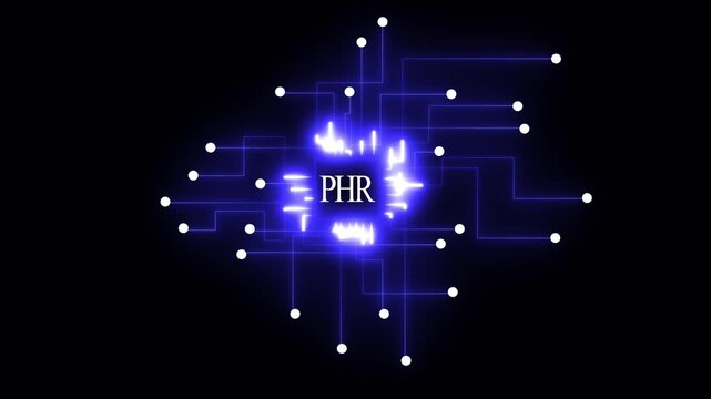 Digital circuit board with glowing blue lines and white nodes on a black background with central PHR logo