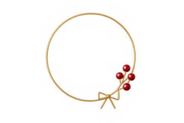 Golden minimalist holiday frame with decorative red berries, elegant bow, festive christmas ornament on transparent background