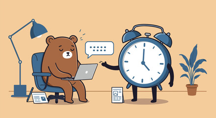 Bear working on laptop with clock, focused on time management and productivity.
