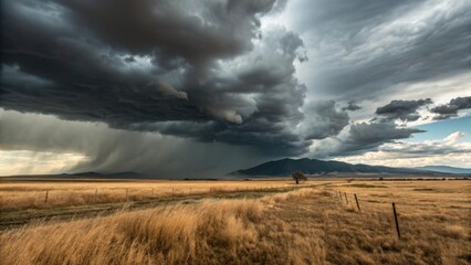 Fototapeta premium A dramatic storm gathering above a field of dry grass
