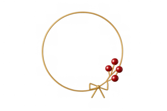 Golden minimalist holiday frame with decorative red berries, elegant bow, festive christmas ornament on transparent background