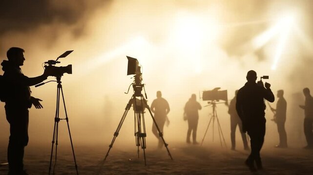 Silhouette of a film crew shooting a scene on an outdoor location. Group filming set production. 4k video