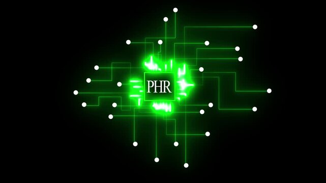 Digital circuit board with glowing green lines and white nodes on a black background with central PHR logo