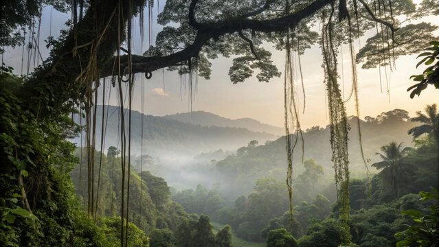 Jungle landscape with hanging roots and layered canopy in mist