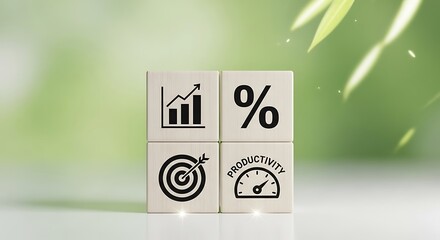 Four wooden blocks with icons representing growth, percentage, target, and productivity on a blurred green background