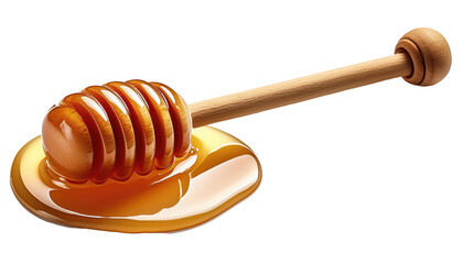 Fresh Honeycomb Stack with Wooden Dipper and Dripping Honey Isolated on White Background